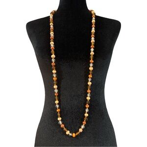 Boho Necklace Long Length Wood Glass Beads Hand Knotted 46 Inch